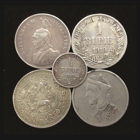 A lot of 5 Silver Coins, 2x German East Africa Silver Rupee, 1x German East Africa ¼ Rupee