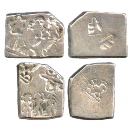 Imperial Magadhan Silver Karshapana coins (2), each showing punches with human figures, (c