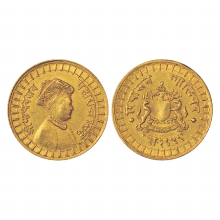 Gwalior, Madho Rao (1886-1925 AD), Gold 1/3 Mohur, 3.41g. VS 1959, Obv: Portrait bust of M