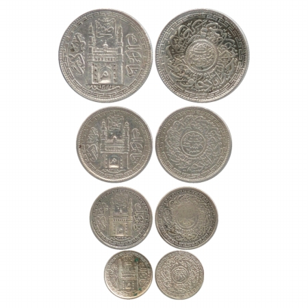 Hyderabad (4), Mir Mahbub Ali Khan II (1869-1911 AD), Silver Rupee, 8 Annas, 4 Annas and 2