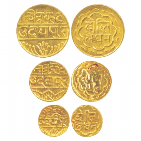 Mewar (3), Swaroop Shahi Series, Gold Mohur, 10.96g. ½ Mohur, 5.53g and ¼ Mohur, 2.69g str