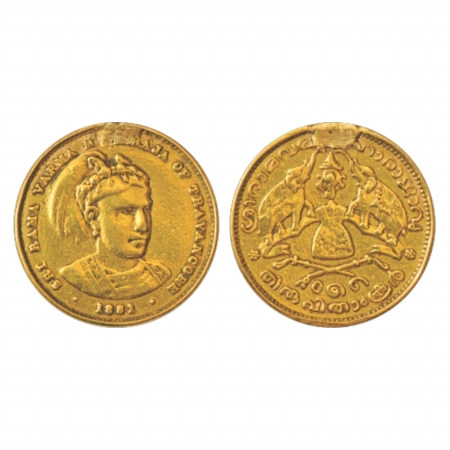 Travancore, Rama Varma V (1880-1885 AD), Gold ½ Sovereign, 1881, 3.88g. Obv: Portrait bust