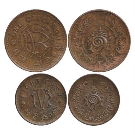 Travancore (2), Rama Varma VI (1885-1924 AD), Copper Chuckram and 8 Cash. Obv: RV monogram