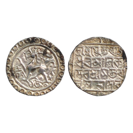 Tripura, Rajadhara Manikya (1586-1599AD), Silver Tanka, SE 1508. Obv: Lion facing left, pe