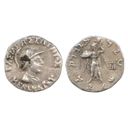 Indo-Greeks, Silver Drachma of Menander (c. 160-145 BC), 2.38g. Obv: Helmeted and diademed