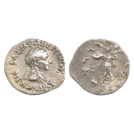 Indo-Greeks, Silver Drachma of Menander (c. 160-145 BC), 2.23g. Obv: Diademed bust of King