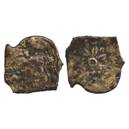 Copper punch-marked coin of the Eran-Vidisha series (c. 150-100 BC), 5.07g. Obverse has fo