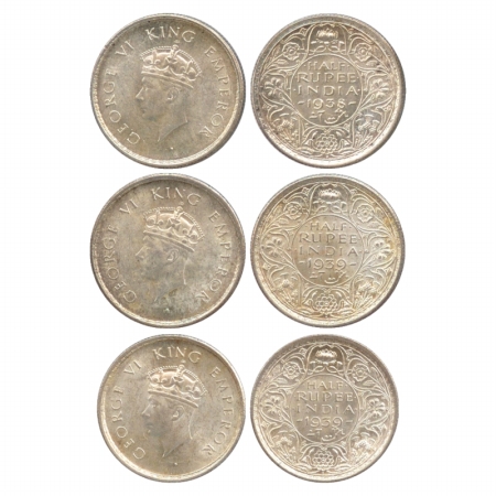 George VI, Silver ½ Rupee (3), 1x 1938 and 2x 1939, Bombay Mint, Head Type I. (3 Coins) UN