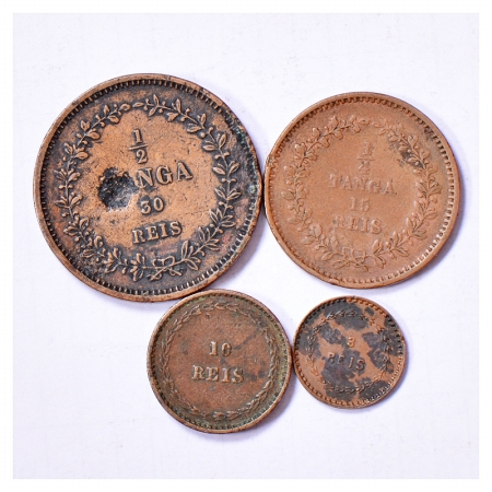 A set of 4 Portuguese India Copper coins, 1/2 Tanga, 1/4 Tanga, 10 Reis and 3 Reis, AD 187