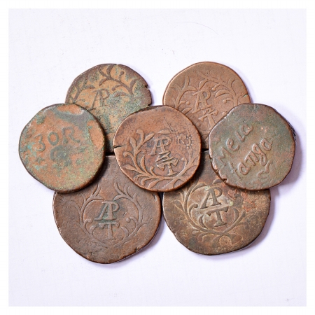 Portuguese India (7), Copper coins, 5x AP Tanga, 1x Mela Tanga and 1x 30R. (7 Coins)