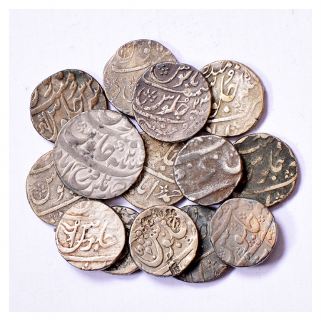 A group of 14 Silver Rupee, includes Mughals, Maratha and States, various types. (14 Coins