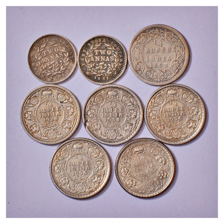 A group of 8 Silver and Half Silver coins of British India, 6x 1/4 Rupee and 2x 2 Annas of