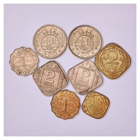 A group of 8 Copper Nickel coins of British India and Portuguese India. (8 Coins)