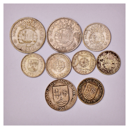 A group of 9 Silver and Copper Nickel coins of Mozambique, various types and denomination.