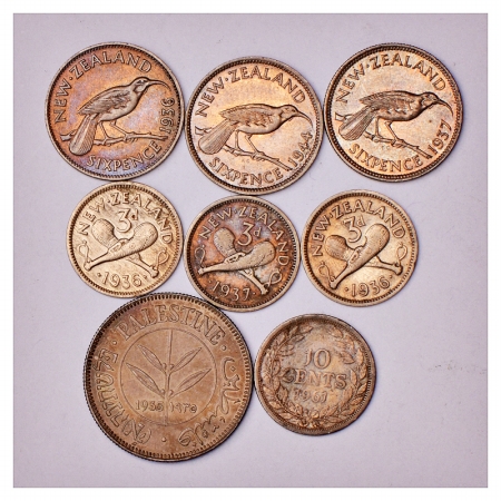 A group of 8 Silver coins of Palestine and New Zealand, mostly small denominations and var