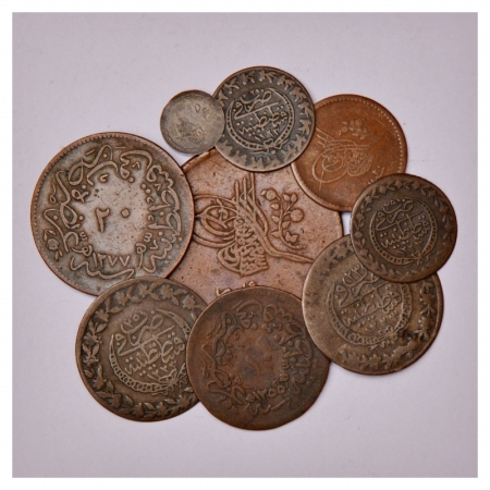 A group of 9 Base Silver and Copper coins of Turkey, various dates, types and denomination