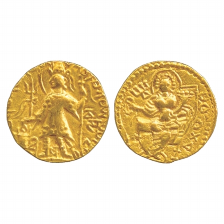 Kushans, temp. Vasudeva II (c. 250-350 AD), Gold Dinar (Göbl 569), 7.73g. Obv: Nimbate and