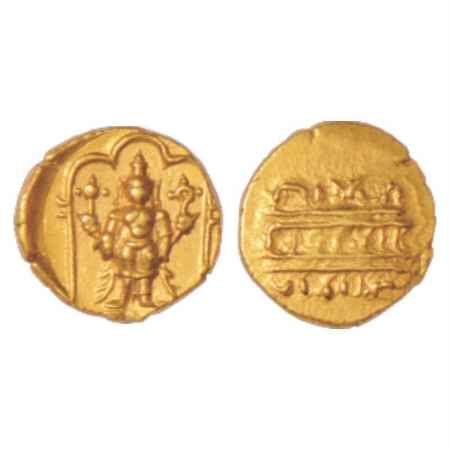 Vijayanagar, Venkataraya II or III, Gold ½ Pagoda, 1.71g. Obv: God Venkatesvara standing t