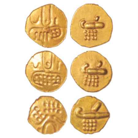 Coorg, Veera Raya, Gold Fanam (3). Obv: Stylized lion standing right, crescent above. Rev: