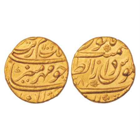 Aurangzeb (1658-1707 AD), Gold Mohur, 10.89g. Dar uz-Zafar Bijapur Mint, AH 1106/RY 38, KM