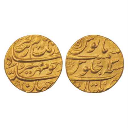 Aurangzeb (1658-1707 AD), Gold Mohur, 10.96g. Multan Mint, AH 1081/RY 13, KM 315.36. About