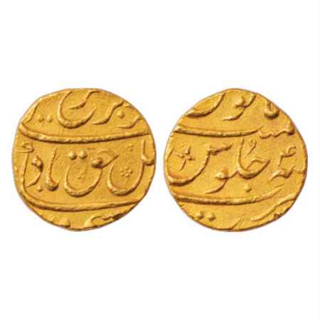 Farrukhsiyar (1713-1719 AD), Gold Mohur, 11.04g. Surat Mint, RY 4, KM 390.32. Very Fine, R