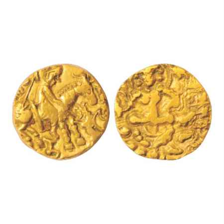 Prakashaditya (500-525 AD), Gold Dinar of 'Horseman-Lion slayer' type, Altekar p. 285-286,