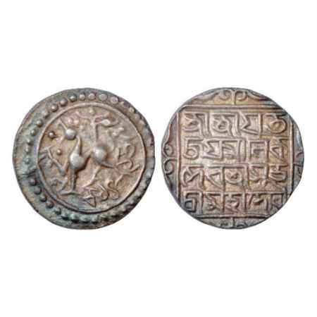 Tripura, Jaya Manikya (1573-1577 AD), Silver Tanka, SE 1495, 10.74g. Obv: Lion facing left