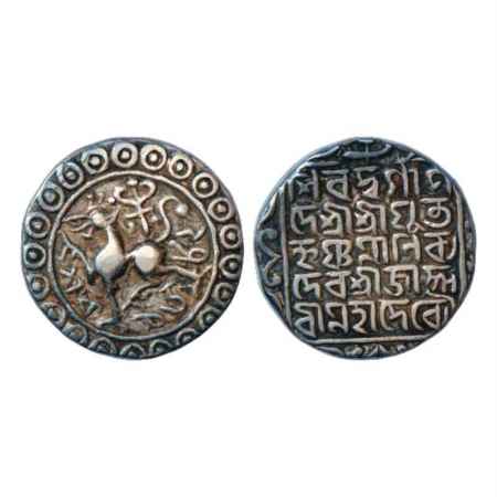 Tripura, Krishna Manikya (1760-1783 AD), Silver Tanka, SE 1582, 10.80g. Obv: Lion facing l