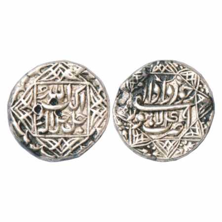 Akbar (1556-1605 AD), Silver Rupee, Lahore Mint, Khurdad 49, legend within 4 pointed stars