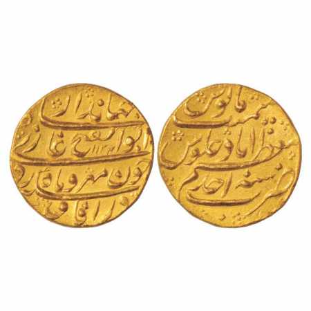 Jahandar Shah (1712), Gold Mohur, Mu'azzamabad Mint, AH1124, RY Ahd, 'Abu'l Fath' couplet,