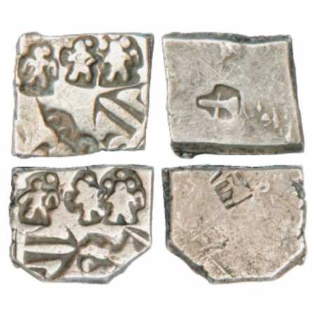 Archaic Silver Punch-marked Karshapana coin (2), Maurya Dynasty (3rd Century BC), 3.38g an
