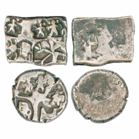 Archaic Silver Punch-marked Karshapana coin (2), Maurya Dynasty (3rd Century BC), 3.16g an
