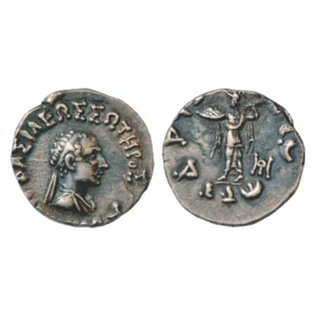 Indo-Greeks, Silver Drachma of Menander (160-145 BC), 2.45g. Obv: Helmeted and diademed bu