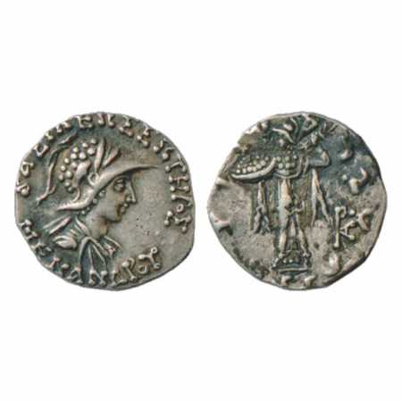 Indo-Greeks, Silver Drachma of Menander (160-145 BC), 2.45g. Obv: Helmeted and diademed bu