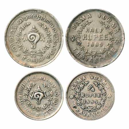 Travancore (2), Rama Varma VI (1885-1924 AD), Silver ½ Rupee and ¼ Rupee, Date 1889, KM 38