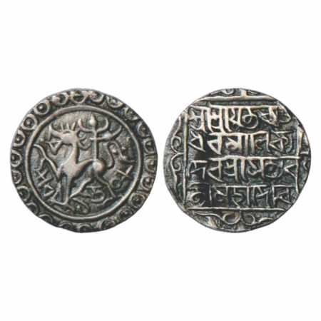 Tripura, Rajadhara Manikya (1586-1599 AD), Silver Tanka, SE 1508, date below lion. Obv: Li