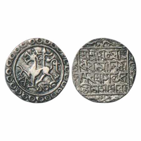 Tripura, Rajadhara Manikya (1586-1599 AD), Silver Tanka, SE 1508. Obv: Lion facing left, p
