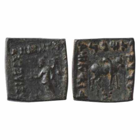 Indo-Greeks, Copper Unit of Philoxenos (100-95 BC), BN serie 10, 8.82g. Obv: Standing deit