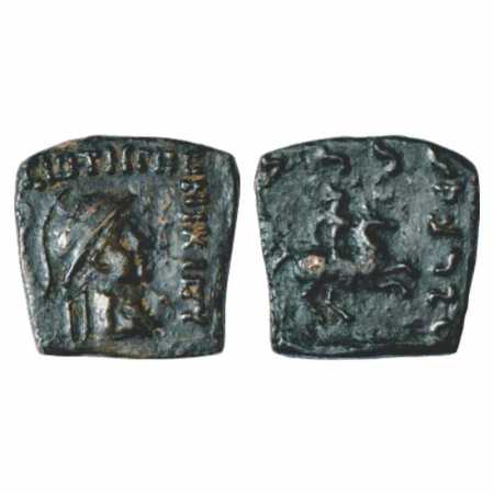 Indo-Greeks, Copper Unit of Nikias (90-85 BC), not listed in BN, 4.62g. Obv: Helmeted bust
