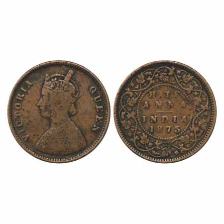Victoria Queen, Copper ½ Anna, 1875, Calcutta Mint, bust 'B', PR 583. About Very Fine, Rar