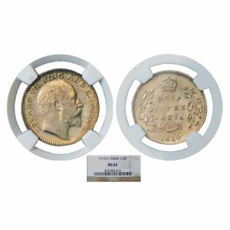 Edward VII, Silver ½ Rupee, 1910, Calcutta Mint, PR 314. Graded as MS62 by NGC. Very Rare 