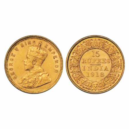 George V, Gold 15 Rupees, 7.99g. 1918, Bombay Mint, PR 25. Extremely Fine, Very Rare.