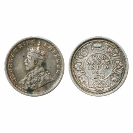 George V, Silver 2 Annas, 1911, Calcutta Mint, no dot, Pig type, PR 564. Very Fine, Scarce