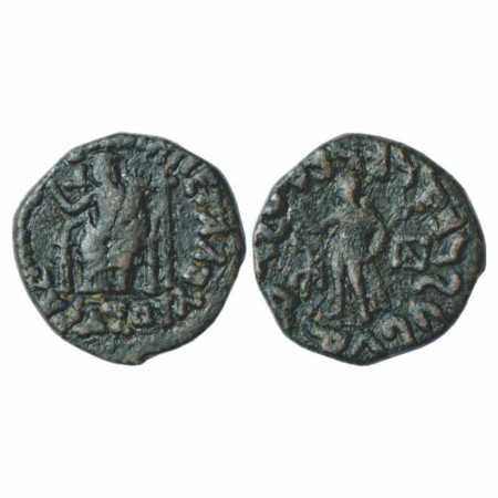 Indo-Scythians, Azes II (30-20 BC), Copper Unit, 11.10g. Obv: 'Fertility Deity' seated on 
