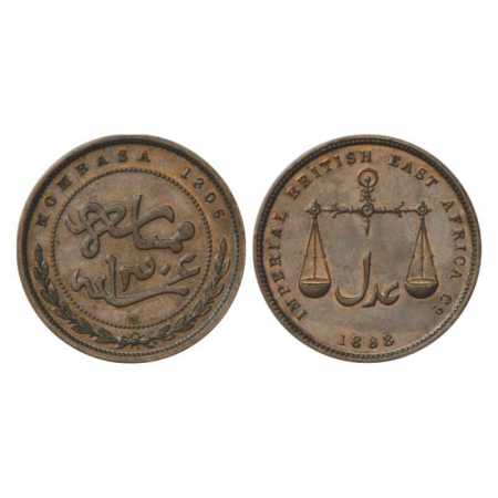 Mombasa, Bronze Pice, AD 1888/AH 1306, Calcutta Mint. Obv: Medium letter, text within bead