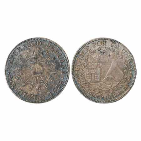 South Peru, Silver 8 Reales, 1838, 26.55g. Obv: Radiant sun-face, star above. Rev: Volcano