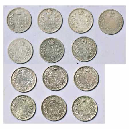 British India (13), Silver ¼ Rupees, 7x Edward and 6x George VI, Half Silver, all differen