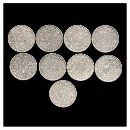British India, George V, Silver Rupee (9), 1912 BM, 1913 BM, 1914 CM, 1915 CM, 1916 BM, 19