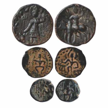 A group of three Copper Kushan coins of late period (250-300 AD), (a) Obv: King standing h